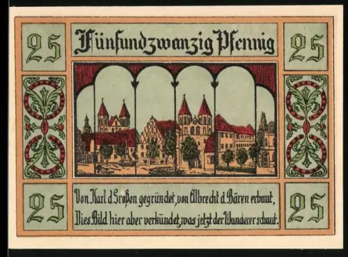Notgeld Aken /Elbe 1921, 25 Pfennig, Ortsansicht und Wappen von Aken /Elbe