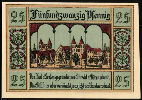 Notgeld Aken /Elbe 1921, 25 Pfennig, Ortsansicht mit Arkaden und Wappen mit Türmen und Figuren