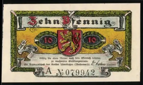 Notgeld Altenkirchen /Westerwald 1921, 10 Pfennig, Schloss Crottorf und Wappen