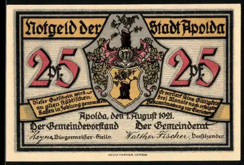 Notgeld Apolda 1921, 25 Pfennig, Wappen und Silhouetten mit Hund und Landschaft