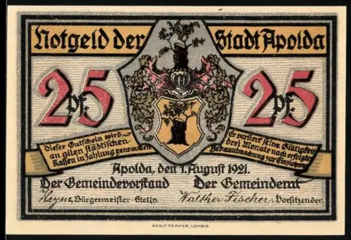 Notgeld Apolda 1921, 25 Pf, Wappen und Märchenszene mit Mühle und Figuren