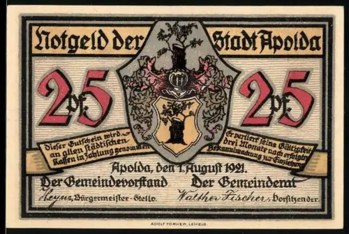 Notgeld Apolda 1921, 25 Pf, Wappen und Schattenrisse von Figuren mit Hund und Tänzerin