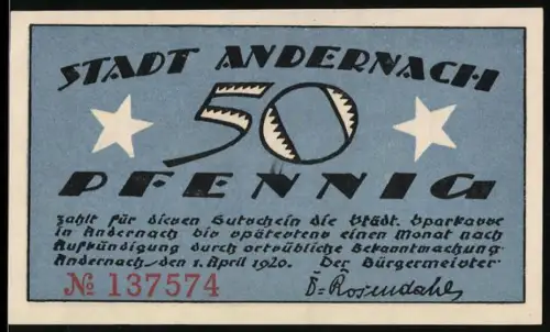Notgeld Andernach 1920, 50 Pfennig, Türme und Stadtwappen