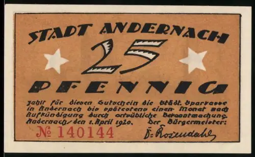 Notgeld Andernach 1920, 25 Pfennig, Stadtsilhouette und Spruchband mit Kirche und Turm