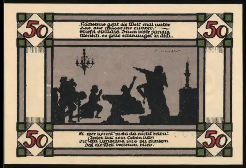Notgeld Annaburg 1921, 50 Pfennig, Silhouetten-Szene und Wappen mit Rosenbaum