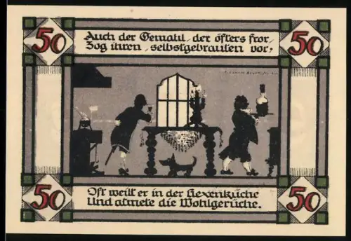 Notgeld Annaburg 1921, 50 Pfennig, Hexenküche-Szene und Wappen mit Rosenbaum