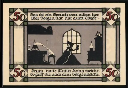 Notgeld Annaburg 1921, 50 Pfennig, Wappen mit Rosenbaum und Spruch über Sorgen und Likör