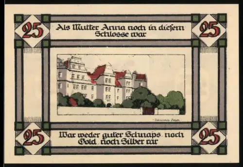 Notgeld Annaburg 1921, 25 Pfennig, Schlossansicht und Wappen mit Rosenbaum