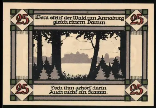 Notgeld Annaburg 1921, 25 Pfennig, Waldlandschaft und Wappen mit Rosenbaum