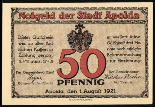 Notgeld Apolda 1921, 50 Pfennig, Ortsansicht mit Hundemarkt und Wappen