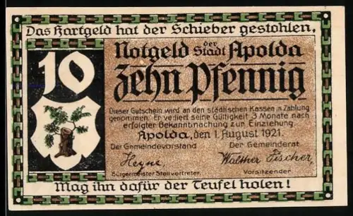 Notgeld Apolda 1921, 10 Pfennig, Wappen und Strickwarenindustrie-Motiv