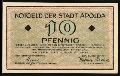 Notgeld Apolda 1921, 10 Pfennig, Wappen und Klapperschlange-Motiv mit Notenblatt