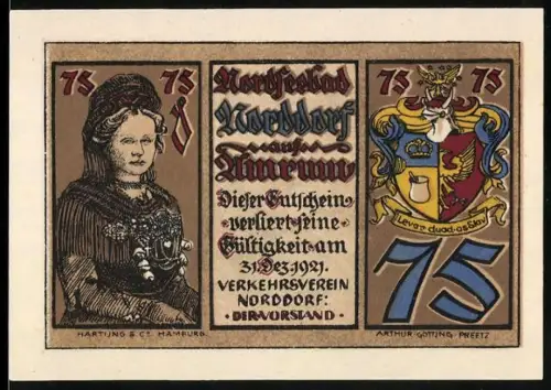 Notgeld Norddorf auf Amrum 1921, 75 Pfennig, Frau und Landschaftsszene, Wappen