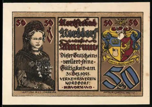 Notgeld Norddorf auf Amrum 1921, 50 Pfennig, Frau mit Blumen, Wappen, Landschaftsszene mit Bauernhof