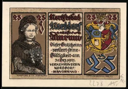 Notgeld Norddorf auf Amrum 1921, 25 Pfennig, Frau in Tracht und Dünenlandschaft