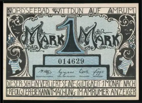 Notgeld Wittdün auf Amrum, 1 Mark, Küstenansicht mit Segelbooten und Inselkarte