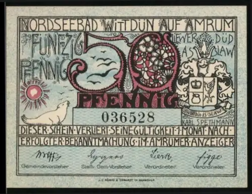 Notgeld Wittdün auf Amrum 1920, 50 Pfennig, Seehund und Flaggenmotiv mit Spruch