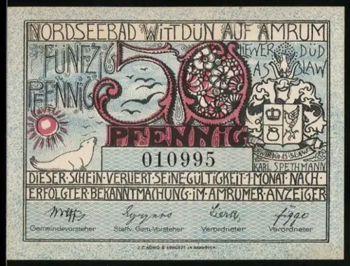 Notgeld Wittdün auf Amrum 1920, 50 Pfennig, Seehund und Flaggen am Meer