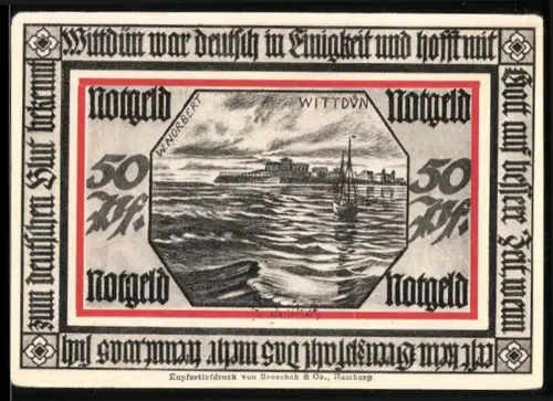 Notgeld Wittdün /Nordsee, 50 Pfennig, Küstenlandschaft und Statue-Motiv