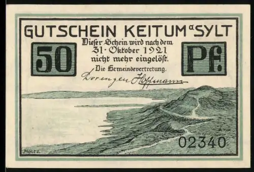Notgeld Keitum a. Sylt 1921, 50 Pf, Küstenlandschaft und Häuseransicht mit friesischem Spruch