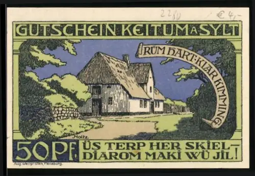 Notgeld Keitum a. Sylt 1920, 50 Pf, reetgedecktes Haus und Fischmotiv