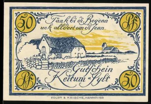 Notgeld Keitum a. Sylt 1921, 50 Pf, Bauernhaus und Küstenlandschaft