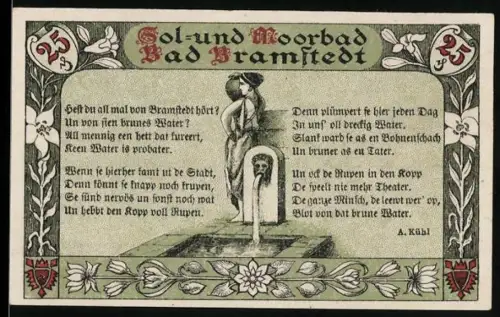 Notgeld Bad Bramstedt 1920, 25 Pfennig, Rolandstatue und Moorbad-Motiv