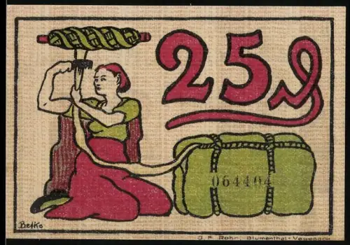 Notgeld Blumenthal i. H. 1921, 25 Pfennig, Frau mit Garnrolle und Arbeiter mit Schaufel vor Industrieanlagen
