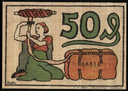 Notgeld Blumenthal /H., 1921, 50 Pfennig, Arbeiter mit Seil und Kräne, Frau beim Spinnen