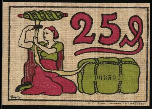 Notgeld Blumenthal /H. 1921, 25 Pfennig, Frau mit Garn und Arbeiter mit Hämmern vor Kränen