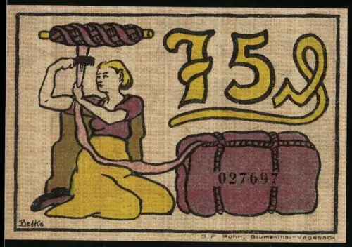 Notgeld Blumenthal i. H. 1921, 75 Pfennig, Frau beim Garnwickeln und Arbeiter mit Fabrikhintergrund