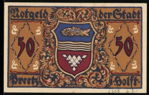 Notgeld Preetz i. Holst., 50, Wappen mit Fischmotiv und verzierte Figuren