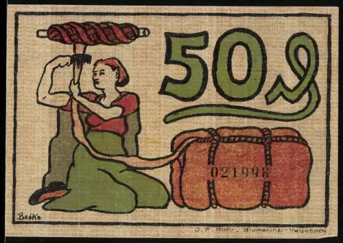 Notgeld Blumenthal i. H. 1921, 50 Pfennig, Arbeiter mit Kran und Spinnerin mit Ballen