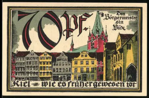 Notgeld Kiel 1921, 70 Pf, Ortsansicht und Segelschiff mit Wappen