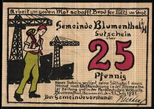 Notgeld Blumenthal i. H. 1921, 25 Pfennig, Arbeiter mit Schaufel und Frau beim Spinnen