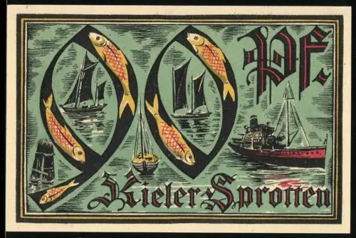 Notgeld Kiel 1921, 90 Pf, Segelschiffe und Kieler Sprotten, Wappen mit Schiffsmotiv