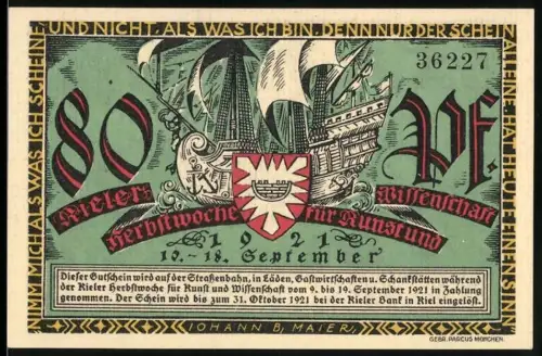 Notgeld Kiel 1921, 80 Pf, Segelschiff und Wappen, mittelalterliches Markttreiben