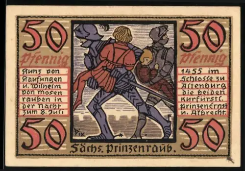 Notgeld Altenburg 1921, 50 Pfennig, Darstellung des Sächsischen Prinzenraubs und Stadtsymbolen mit Löwen
