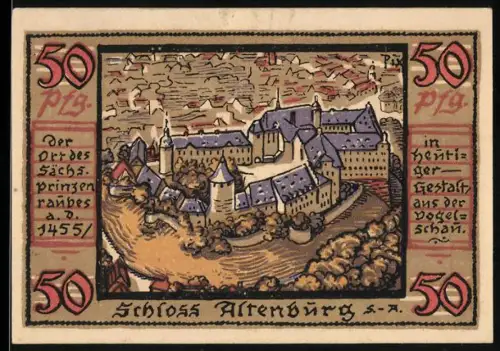 Notgeld Altenburg /S.-A. 1921, 50 Pf, Schloss Altenburg und Stadtwappen mit Hand und Blume