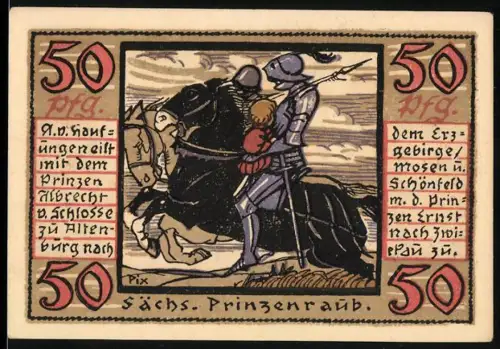 Notgeld Altenburg 1921, 50 Pfennig, Sächsischer Prinzenraub und Stadtmotive mit Wappen