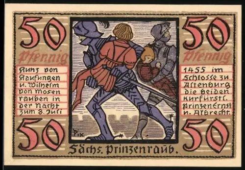 Notgeld Altenburg 1921, 50 Pfennig, Sächsischer Prinzenraub mit Schloss und Wappen