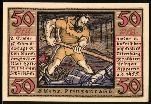 Notgeld Altenburg 1921, 50 Pfennig, sächsischer Prinzenraub, Schlossansicht mit Hand und Rose