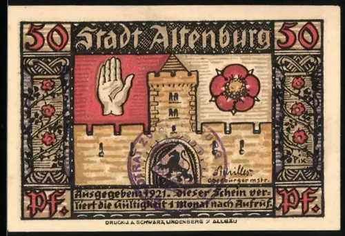 Notgeld Altenburg 1921, 50 Pf, Schloss mit Hand und Rose, Sächsischer Prinzenraub-Szene