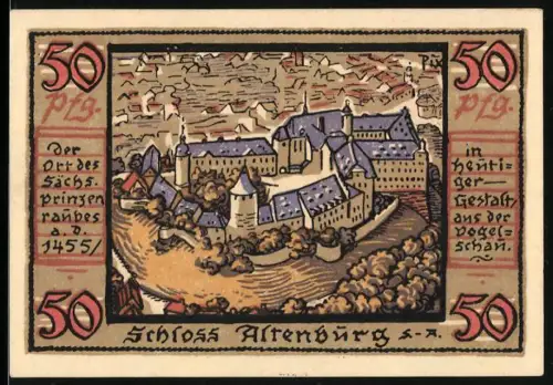 Notgeld Altenburg 1921, 50 Pf, Schloss Altenburg und Stadttor mit Wappen und Blume