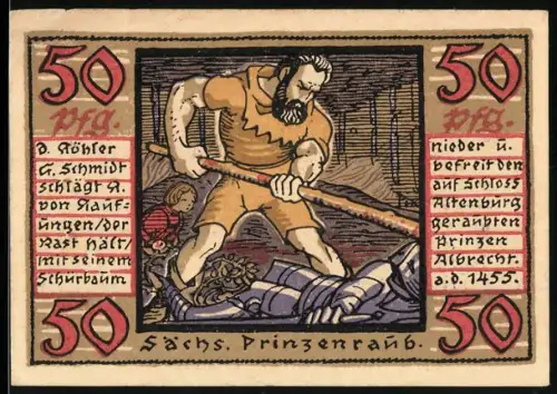 Notgeld Altenburg 1921, 50 Pfennig, Sächsischer Prinzenraub, Schloss und Wappen