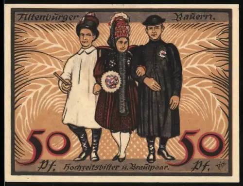 Notgeld Altenburg 1921, 50 Pf, Hochzeitsbitter und Brautpaar, Stadtwappen mit Hand und Blume