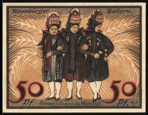Notgeld Altenburg 1921, 50 Pf, drei Frauen in Tracht, Wappen mit Turm und Hand