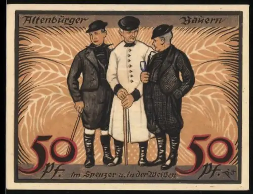 Notgeld Altenburg 1921, 50 Pf, Altenburger Bauern, Stadtwappen, Burg, Hand und Blume