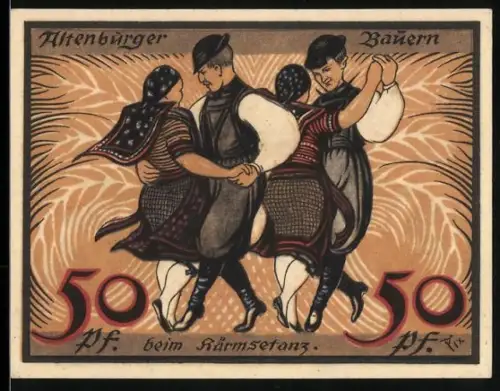 Notgeld Altenburg 1921, 50 Pf, tanzende Bauern und Stadtwappen