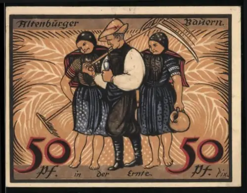 Notgeld Altenburg 1921, 50 Pf, Bauern in der Ernte und Stadttor mit Hand und Blume